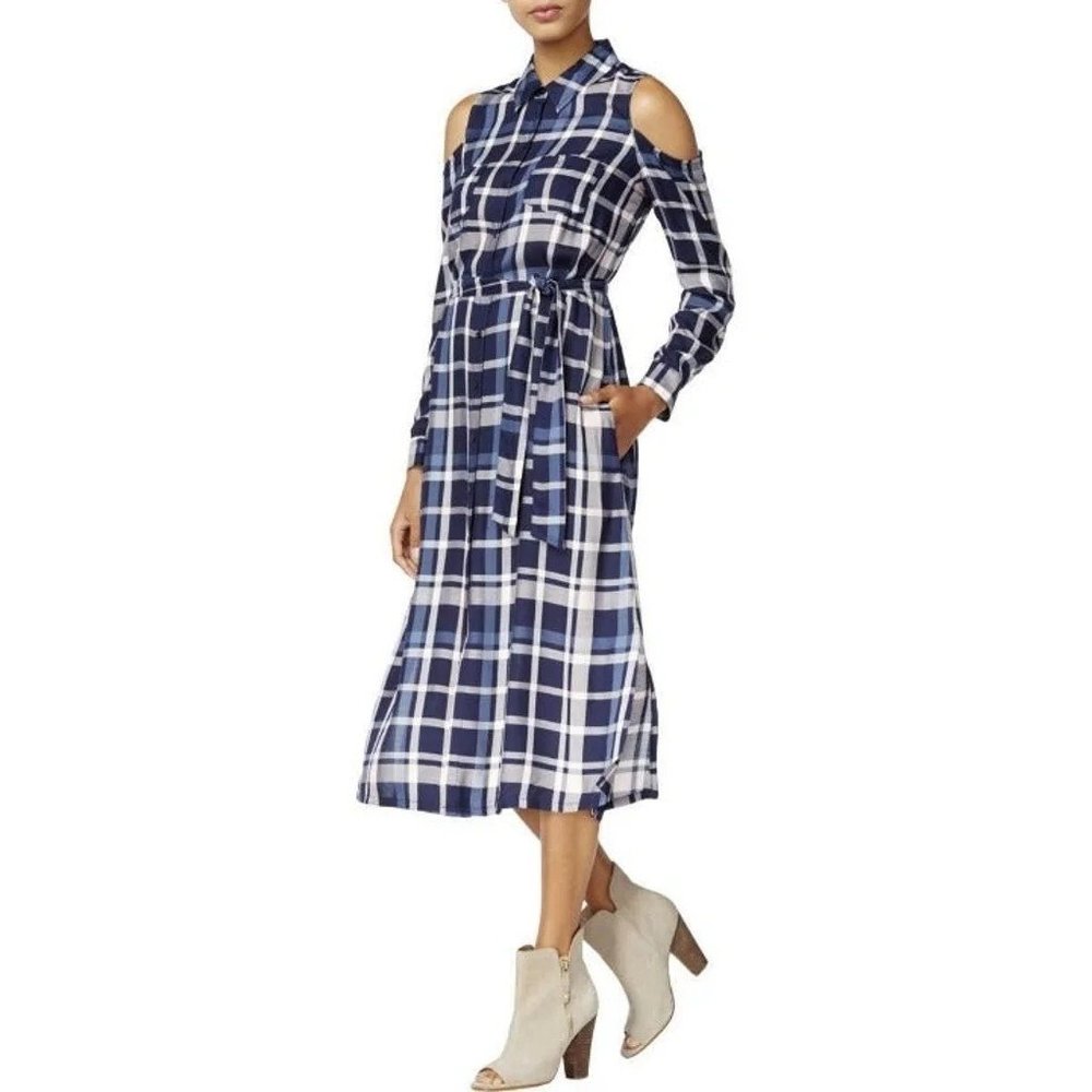 NWOT Madison Jules Womens Blue White Plaid Cold Shoulder Midi Dress Size XXL